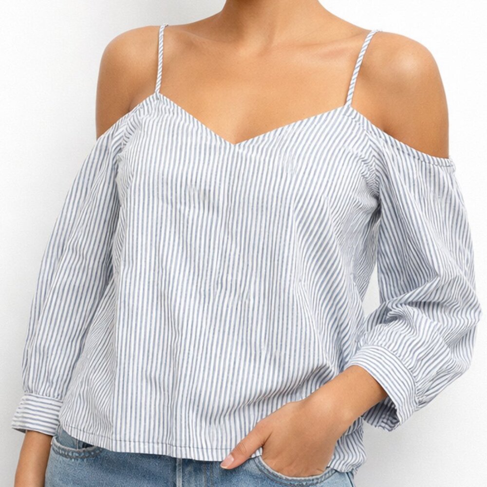 Calvin Klein Jeans Cold Shoulder Top Womens L Blue White Striped Long Sleeve